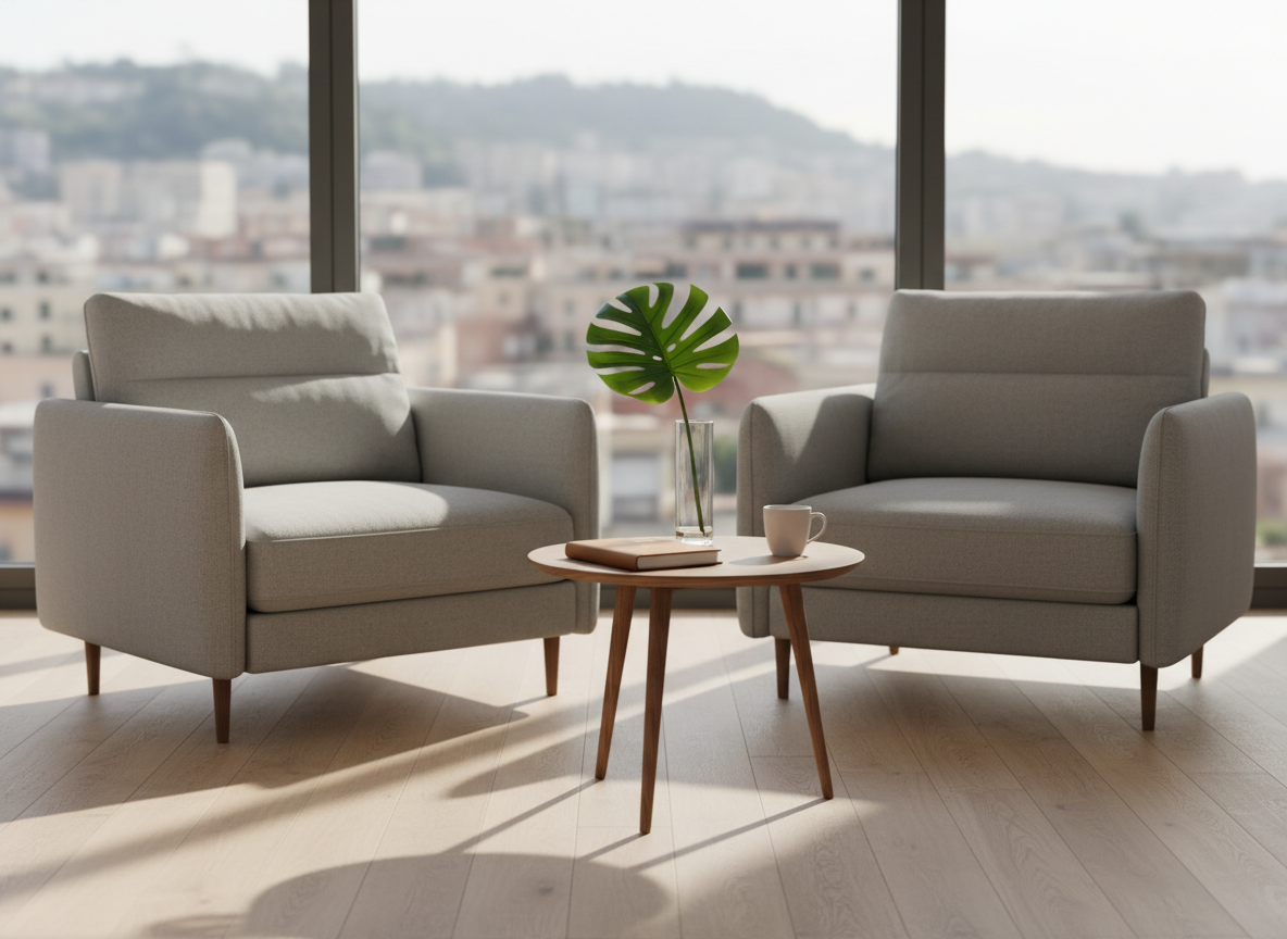 A calm psychotherapy consulting room in Naples, designed without any people, featuring a contemporary light-gray fabric armchair and a matching sofa with soft, structured cushions. A small round wooden coffee table holds a closed notebook, a simple ceramic mug, and a single green leaf in a transparent glass vase. Large windows reveal a softly blurred urban landscape, hinting at the Vomero neighborhood. Gentle late-morning natural light fills the room, creating tranquil reflections on a pale parquet floor and casting delicate shadows. Photographic realism, eye-level composition with a shallow depth of field, emphasizing a serene, professional, and welcoming atmosphere suitable for an adult or adolescent beginning therapy for anxiety or depression.
